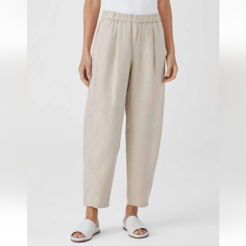 Eileen Fisher Linen Blend Elastic Waist Tapered Pants in Light Beige